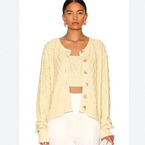 LouLou Studio Women's Scoop Neck Cable Knit Silk/Linen Cardigan Sweater. Size M